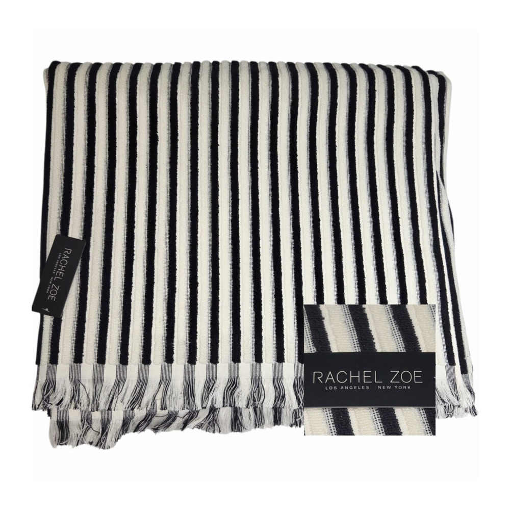 Rachel Zoe Cream Black Striped Fringe Oversized Beach Towel 40x70 Spring Summer